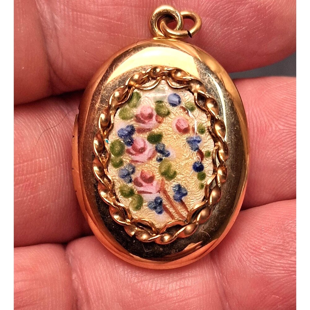 Vintage Guilloche Enamel Locket Pink Roses